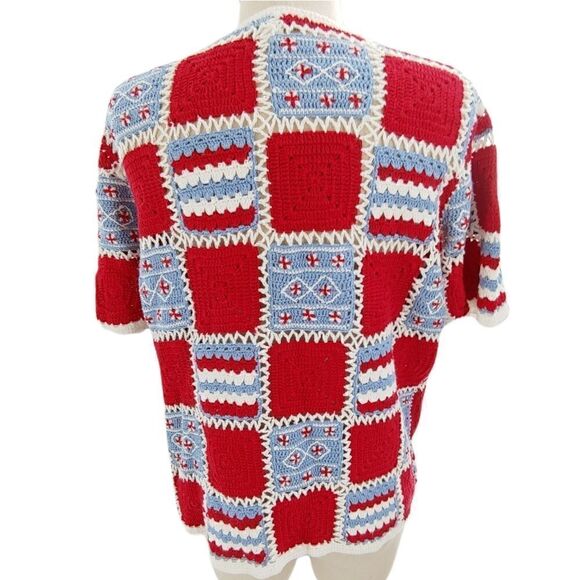Awesome red, white & blue granny square crochet short sleeve sweater medium - Picture 5 of 8